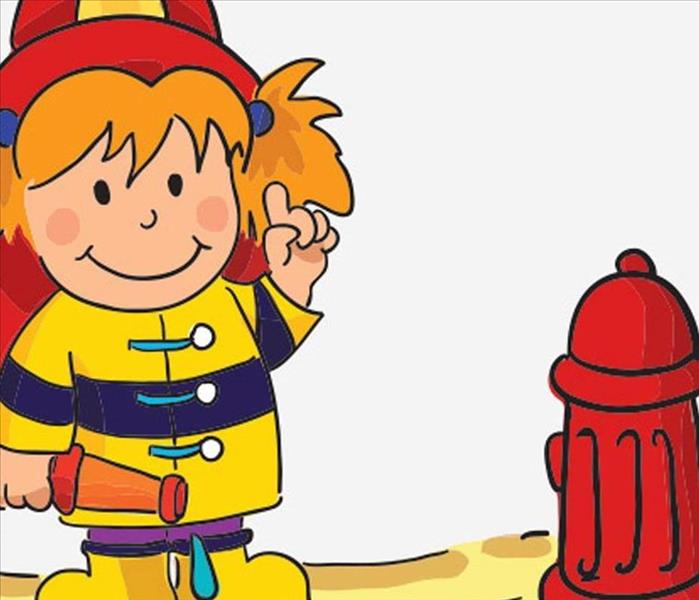 Cartoon of an orange haired little white girl dressed in a yellow firemans coat with a fire hose in her hand